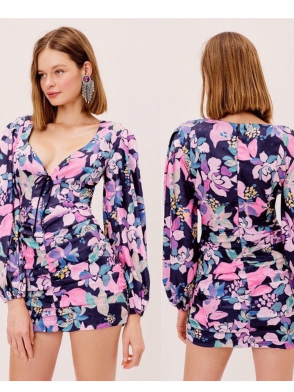 For Love and Lemons Small Wyatt Mini Dress Long Sleeve Floral Ruched Sweetheart